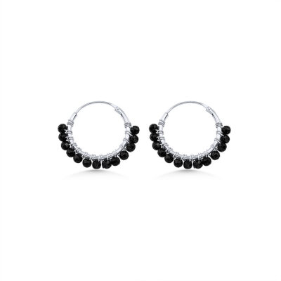 Black Spinel Beaded Hoops (Medium)