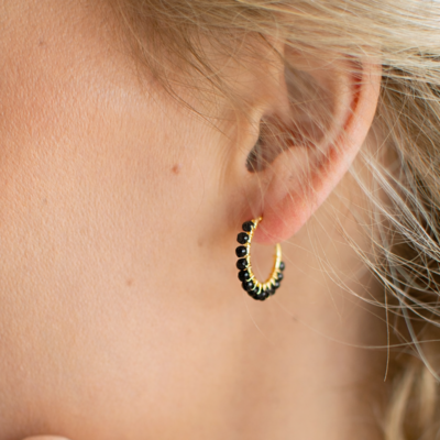 Black Spinel Beaded Hoops (Medium)