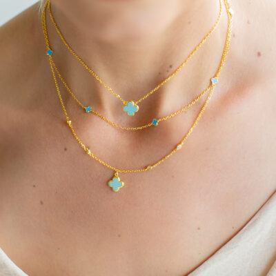 Turquoise and Cubic Zirconia Single Clover Necklace