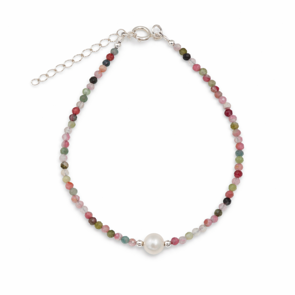 Tourmaline beaded bracelet with freshwater pearl