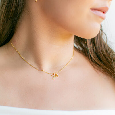 Cubic Zirconia Cross Necklace YG Plated