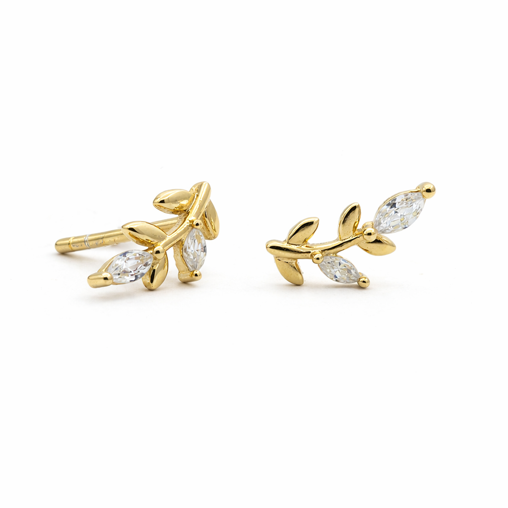 Yellow gold plated cubic zirconia leaf studs