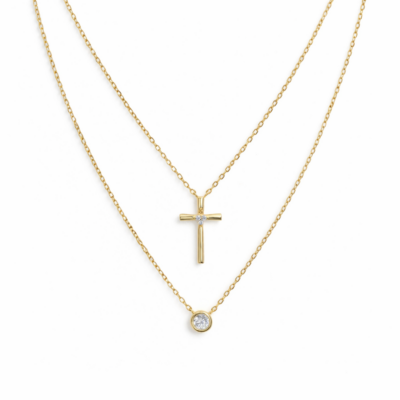 Double Layer Cross Necklace YG Plated