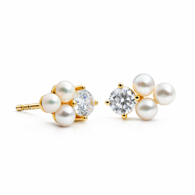 Cluster Pearl and Cubic Studs YG Plated