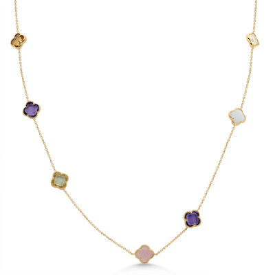 9ct YG Natural Gemstone Clover Necklace